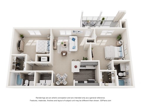 Floor plan for 2 beds, 2 baths, 1277 sqft